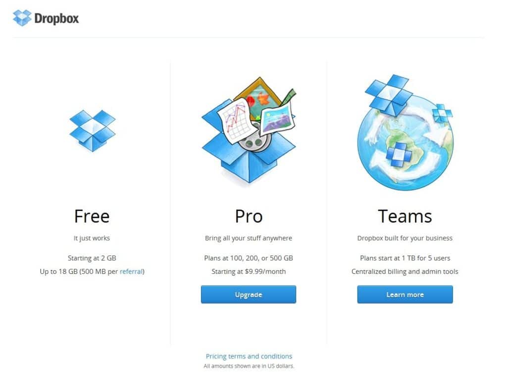 Screenshot of Dropbox pricing page showing three package tiers - Free, Pro and Teams.